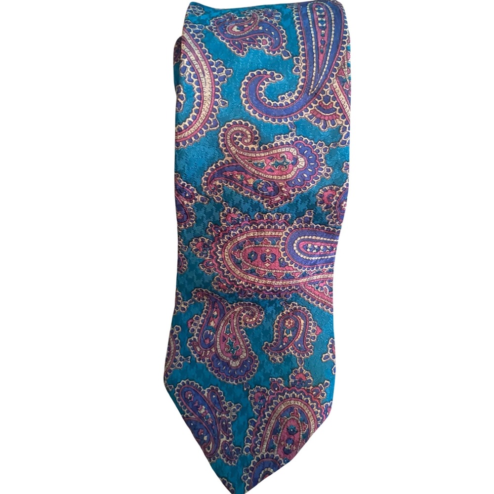 MW‎ Mens Paisley Silk Tie Teal Purple Hand Fashioned Italy Fabric Made in USA